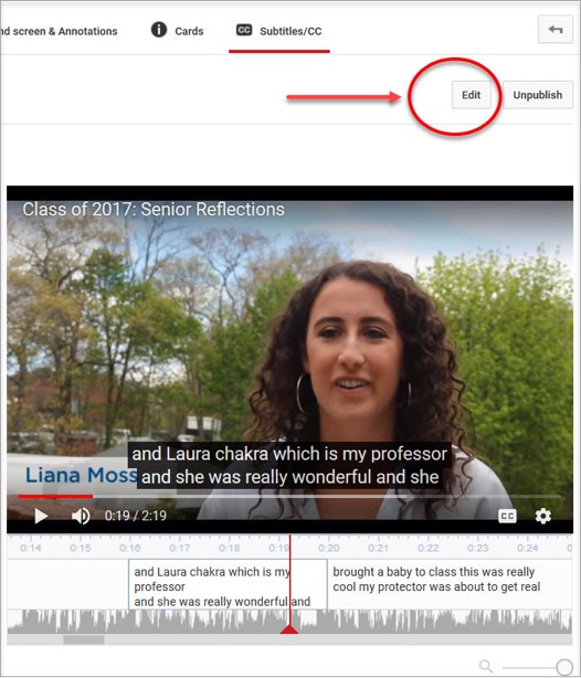 screenshot of Youtube indicating caption edit button