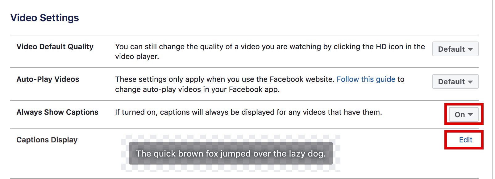 Facebook caption settings
