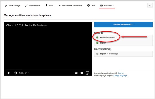 screenshot of Youtube indicating published captions tracks