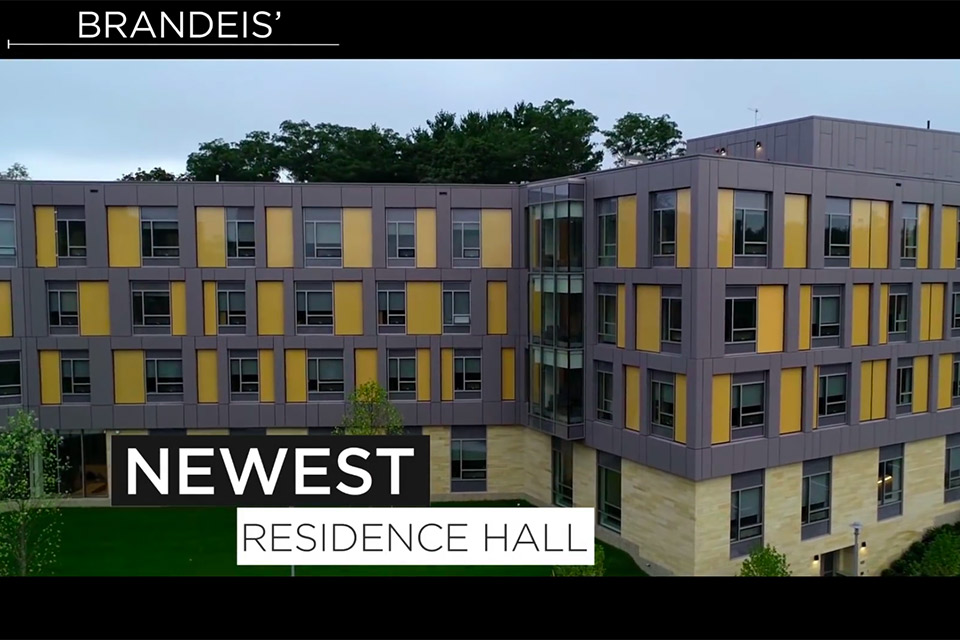 Aerial view of Skyline residence hall, text reads: Brandeis' newest residence hall