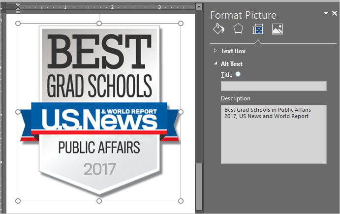 Best Grad Schools US News logo with MS Word format picture menu open