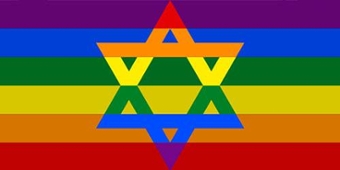 A six-pointed star on a rainbow flag