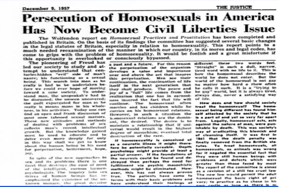 Justice article titled "The Persecution of Homosexuals in America Has Now Become a Civil Liberties Issue," written by Steve Berger.