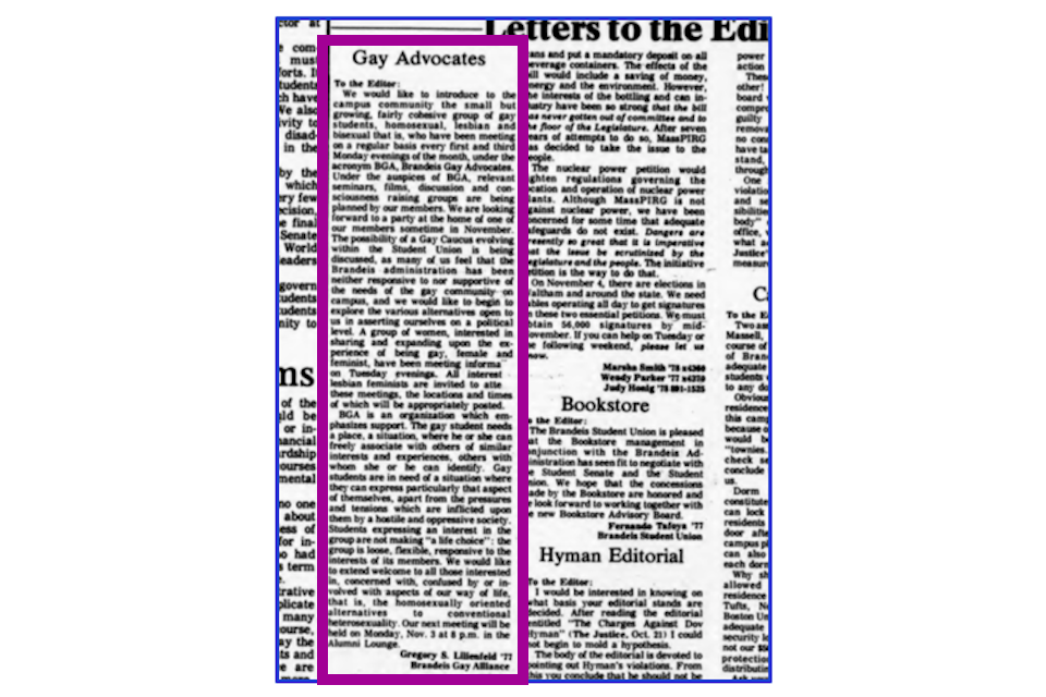 'Letters to the Editor' page from the Justice. A purple box highlights a letter titled "Gay Advocates."