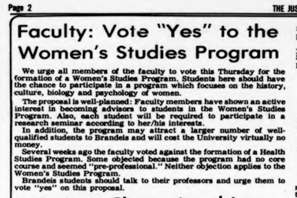 An article from page 2 of the Justice titled "Faculty: Vote "Yes" to Women's Studies Program."