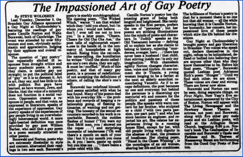 Interior article from the Justice titled "The Impassioned Art of Gay Poetry."