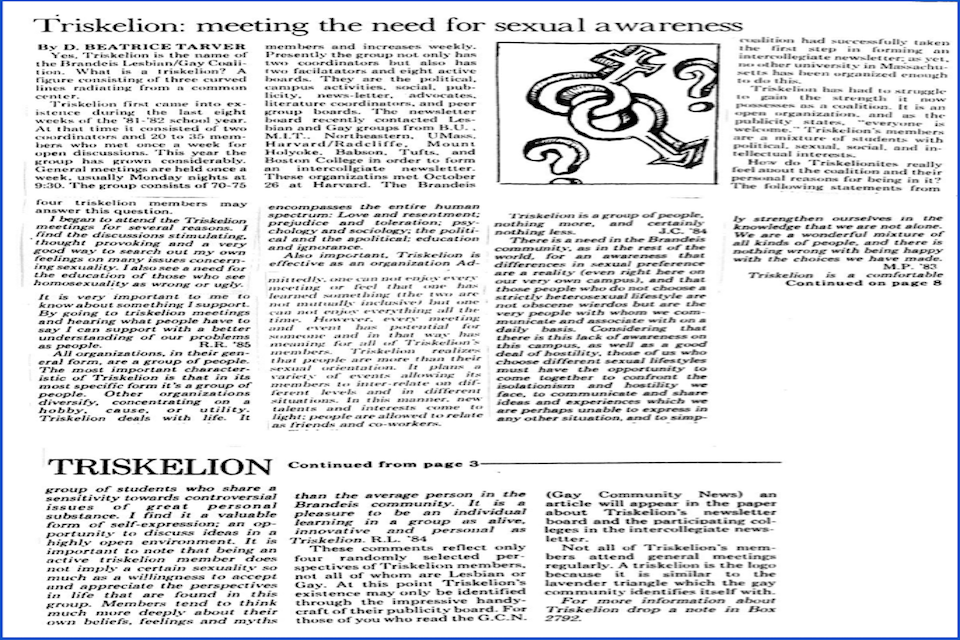 Two-part article from the Justice by D. Beatrice Tarver. The first part is titled "Triskelion: meeting the need for sexual awareness" and accompanied by a black-and-white sketch of linked astrological signs for 'male' and 'female' accompanied by question marks. The second part is titled "TRISKELION" and marked as 'continued from page 3.'