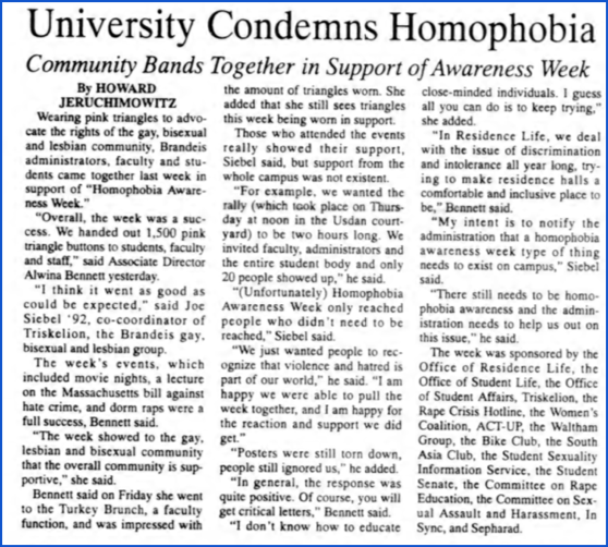 An article from the Justice titled "University Condemns Homophobia" with the sub-heading "Community Bands Together in Support of Awareness Week." By Howard Jeruchimovitz. 