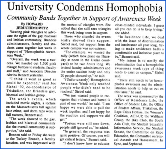An article from the Justice titled "University Condemns Homophobia" with the sub-heading "Community Bands Together in Support of Awareness Week." By Howard Jeruchimovitz.