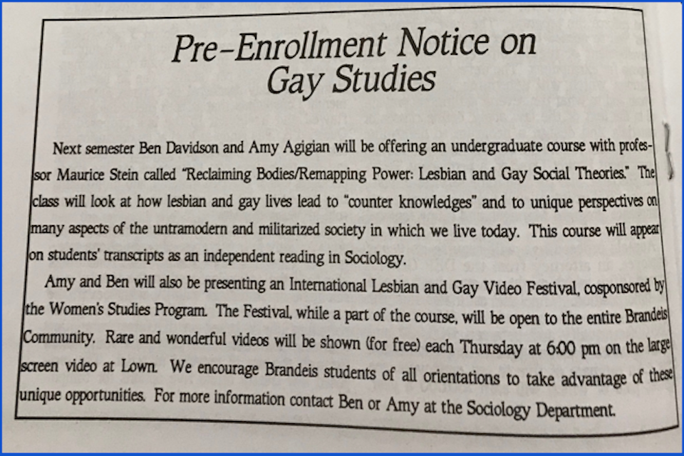 An advertisement from the Justice titled "Pre-Enrollment Notice on Gay Studies" 