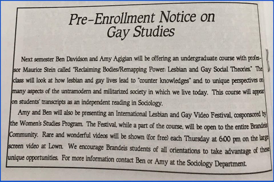 An advertisement from the Justice titled "Pre-Enrollment Notice on Gay Studies"
