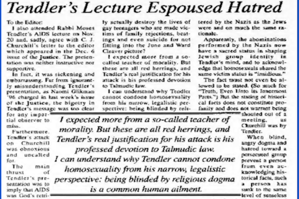 A letter to the Editor of the Justice titled "Tendler's Lecture Espoused Hatred."