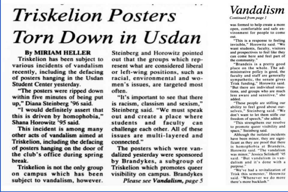 A two-part article from the Justice by Miriam Heller. The first part is titled "Triskelion Posters Torn Down in Usdan." The second part is titled "Vandalism" and continued from page 1.  