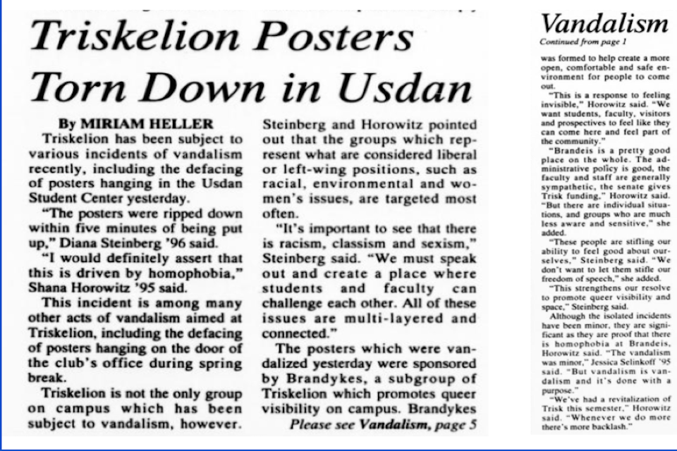 A two-part article from the Justice by Miriam Heller. The first part is titled "Triskelion Posters Torn Down in Usdan." The second part is titled "Vandalism" and continued from page 1.
