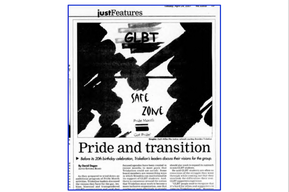 An article from the Justice titled "Pride and Transition." There is a graphic taking up most of the page, featuring two abstract silhouettes holding hands under the letters "GLBT" on a striped background and above the words "Safe Zone" and "Pride Month. Got Pride?"