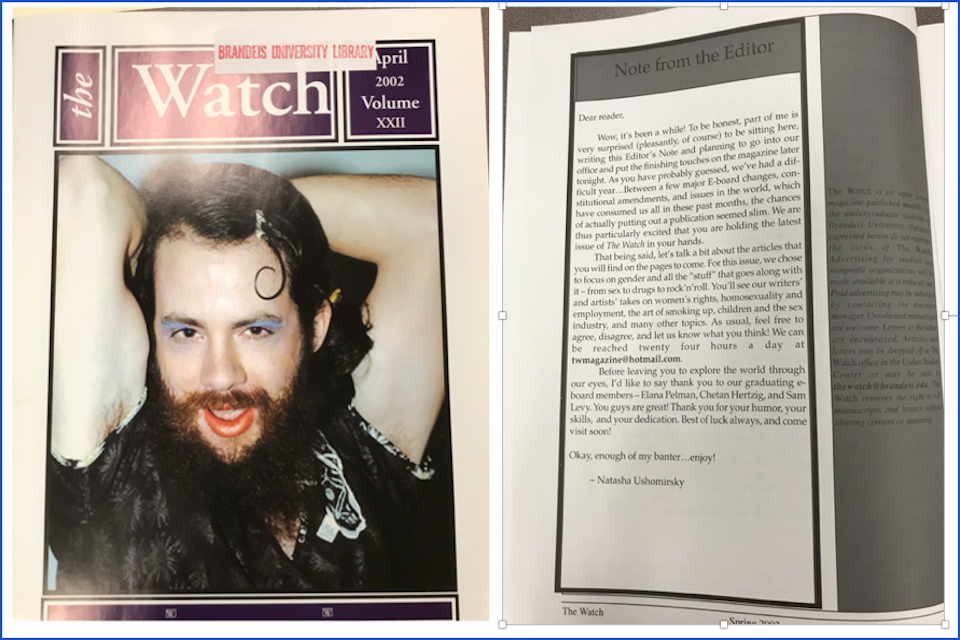 The front and first interior page of the Watch from April 2002. The cover is a close-up full-color image of a white person with a full beard and mustache, bright blue eyeshadow, and red lips. Their hair is sleek and styled, including a hair clip, and they are wearing a patterned blouse. The first interior page features a note from the Editor. 