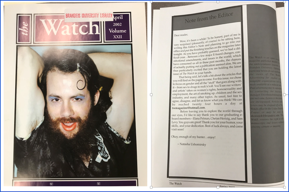 The front and first interior page of the Watch from April 2002. The cover is a close-up full-color image of a white person with a full beard and mustache, bright blue eyeshadow, and red lips. Their hair is sleek and styled, including a hair clip, and they are wearing a patterned blouse. The first interior page features a note from the Editor.