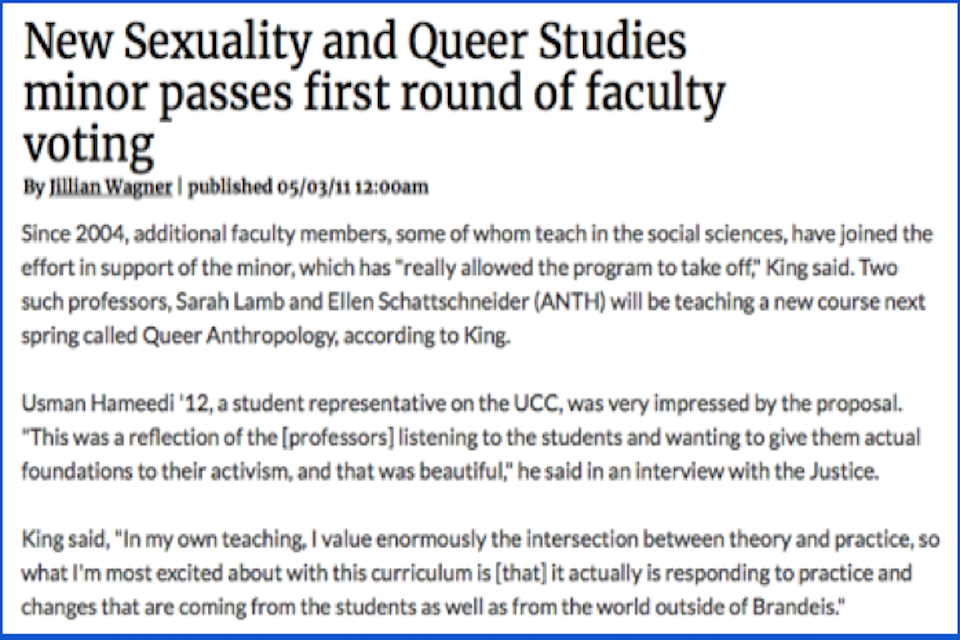 A screenshot of an article by Jillian Wagner from the Justice website titled "New Sexuality and Queer Studies minor passes first round of faculty voting."