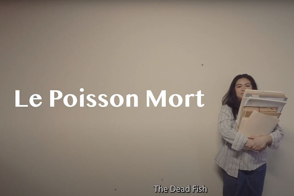 Student holding a stack of papers, text: Le poisson mort