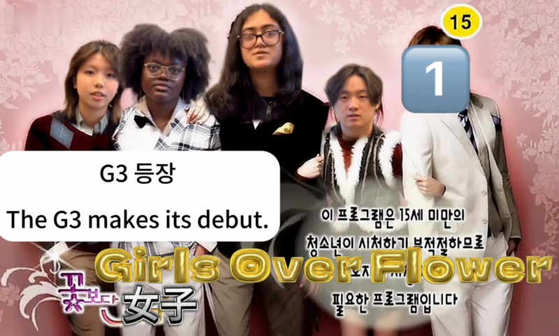 4 students posing in front of a pink background with 1 member face covered