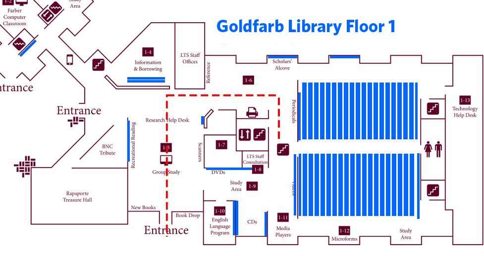 Map of Goldfarb Library Floor 1 showing directions to the stairs
