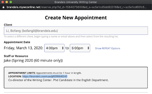 screenshot of Create New Appointment screen