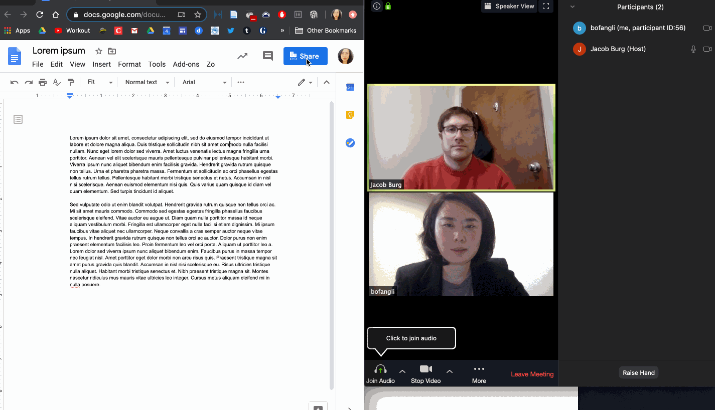 Animated gif of a student meeting their consultant through zoom. The student shares the link to his document in the chat.