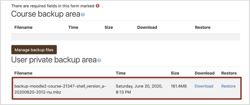 The Course backup area with the backup file highlighted