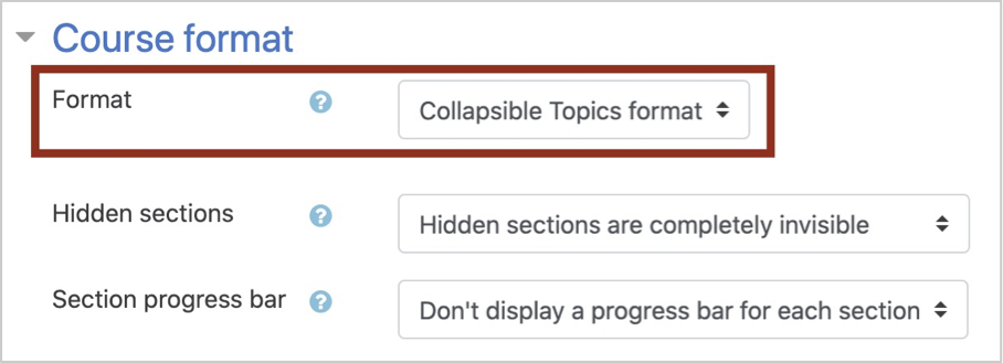 The Course Format section with the Collapsible Topics format highlighted