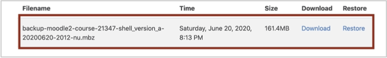 The Course restore section with the backed-up course shell highlighted