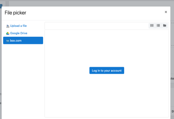 The File Picker pop-up showing a prompt to log in to your account