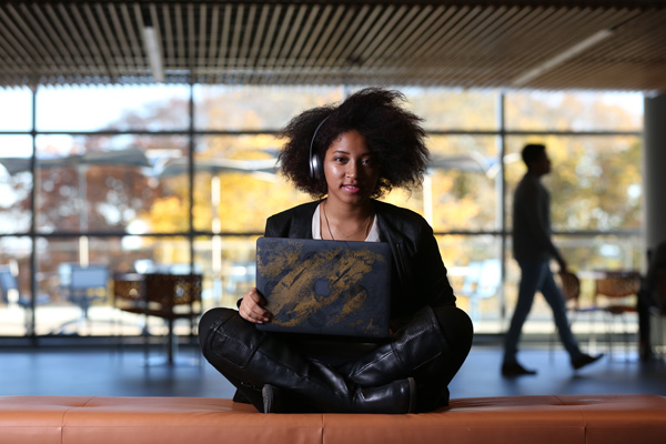 A Brandeis student at work in the Shapiro Campus Center