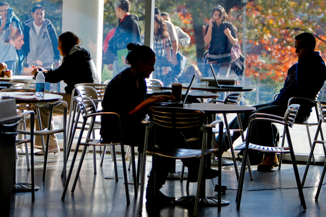 Students work, study, and socialize in the Shapiro Campus Center.