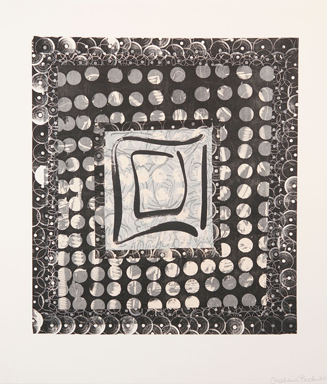 Chakaia Booker, Untitled, 2013, Woodblock, handpainting, 27: x 23.5". This print is a geometric image made of repeated circular shapes laid out concentrically within a square.  In the center is a translucent white rectangle superimposed over the circular pattern.  In the center is are gestural brush strokes.
