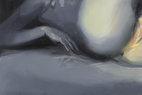 black and white painting of woman lying in bed, orange smoke rising