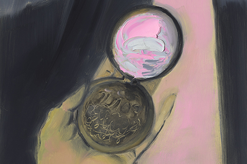pink background, hand holding up folding compact mirror