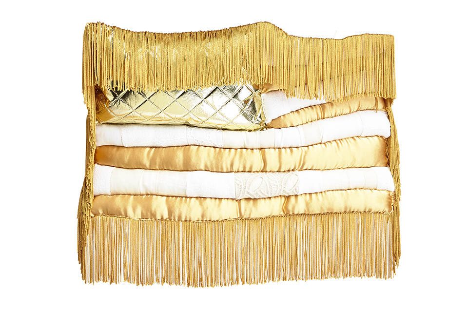 sewn flag stuffed stripes, golden fringe, gold and white fabric