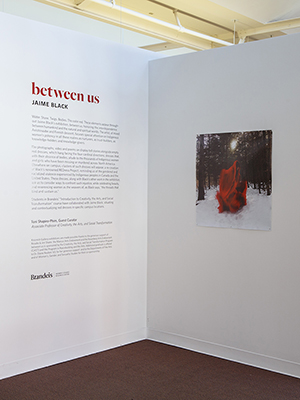 installation view Jaime Black exhibition, entryway, white walls corner, curator's text and photo with woman in the snow
