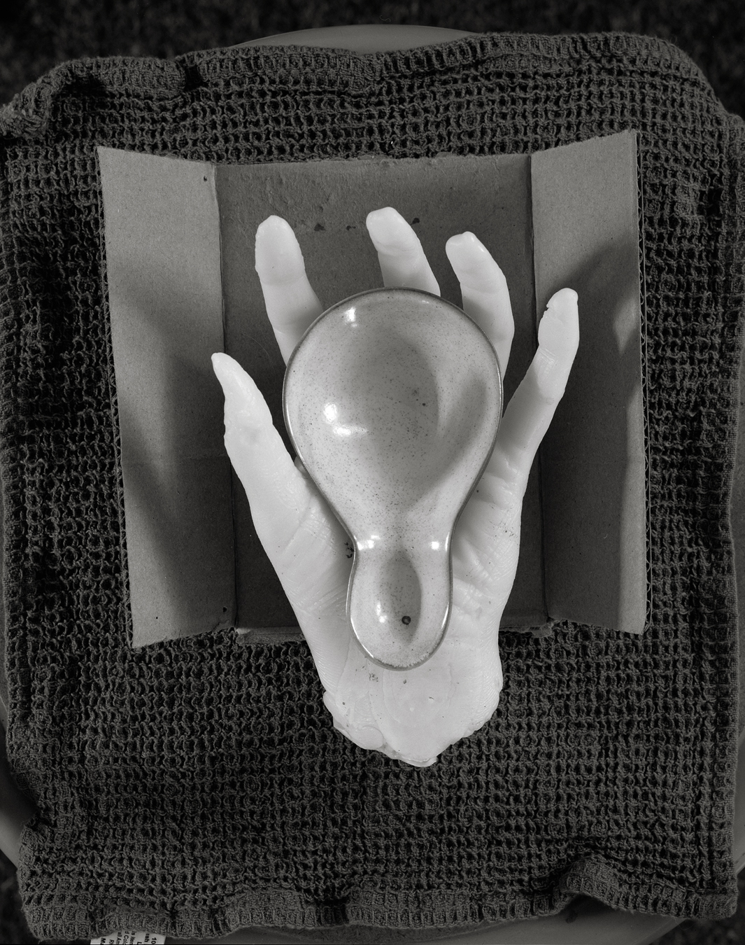 Megan Ledbetter, 2014. Black and white photograph of a wax hand holding an object that resembles a light bulb. They are set on a tri-fold piece of corrugated cardboard. the surface is a loosely woven fabric.