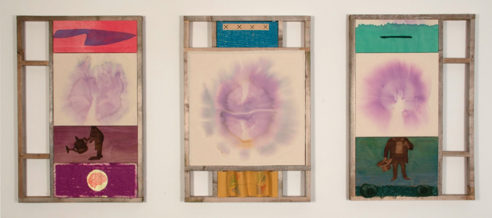 Triptych of three framed works with cabbage printsch of three framed works with cabbage prints