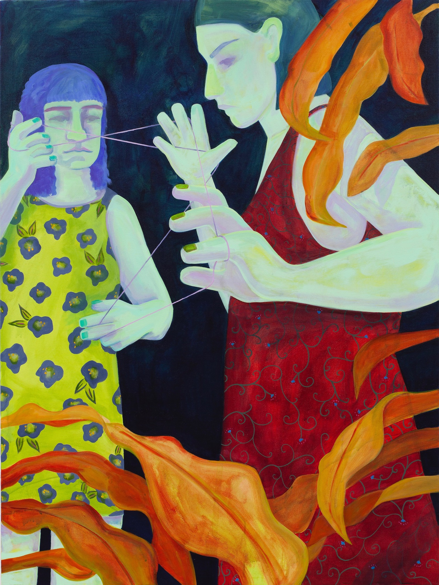 An acrylic painting of two luminous figures against a dark backgrounf with a cat's cradle stretched between their hands. 