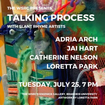 A detail of Loretta Park's "Fighting Stick 3," abrightly colored, mixed media work with text about the "Talking Process" conversation on Tuesday, July 25, 7 pm with artists Adria Arch, Jai Hart, Catherine Nelson, and Loretta Park. 