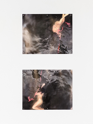 installation view Jaime Black exhibition, 2 photos on a white wall, a poem in black text next to them