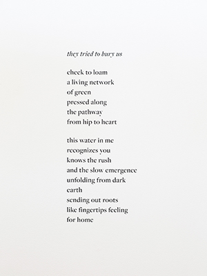 installation view Jaime Black exhibition, a poem in black letters on a white wall, titled, "they tried to bury us"