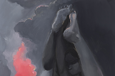 woman with her legs in the air, pink smoke rising from between her legs