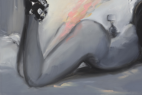 black and white painting of woman on a bed, her behind in the air, orange puff of smoke rising