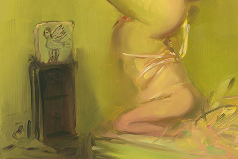 acid yellow background, woman doing headstand on the bed