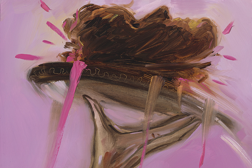 pink background, hand holding up head on a platter