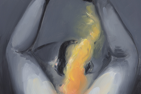 black and white painting, woman's legs forming a diamond shape, feet in the air