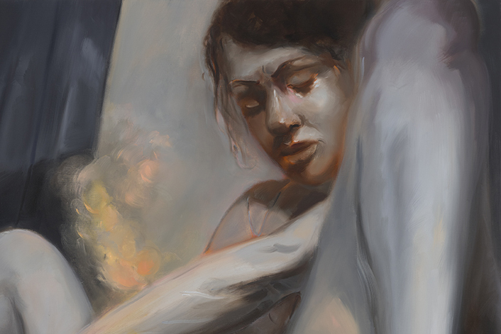 black and white image of woman looking down at herself, orange smoke billowing out